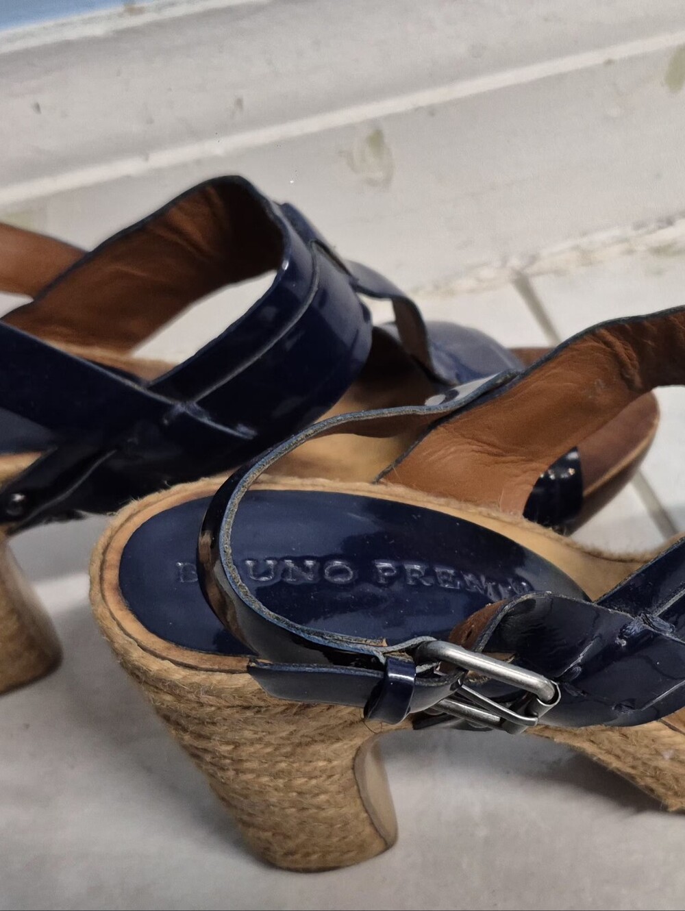 Navy Leather Espadrille Wedge Sandals